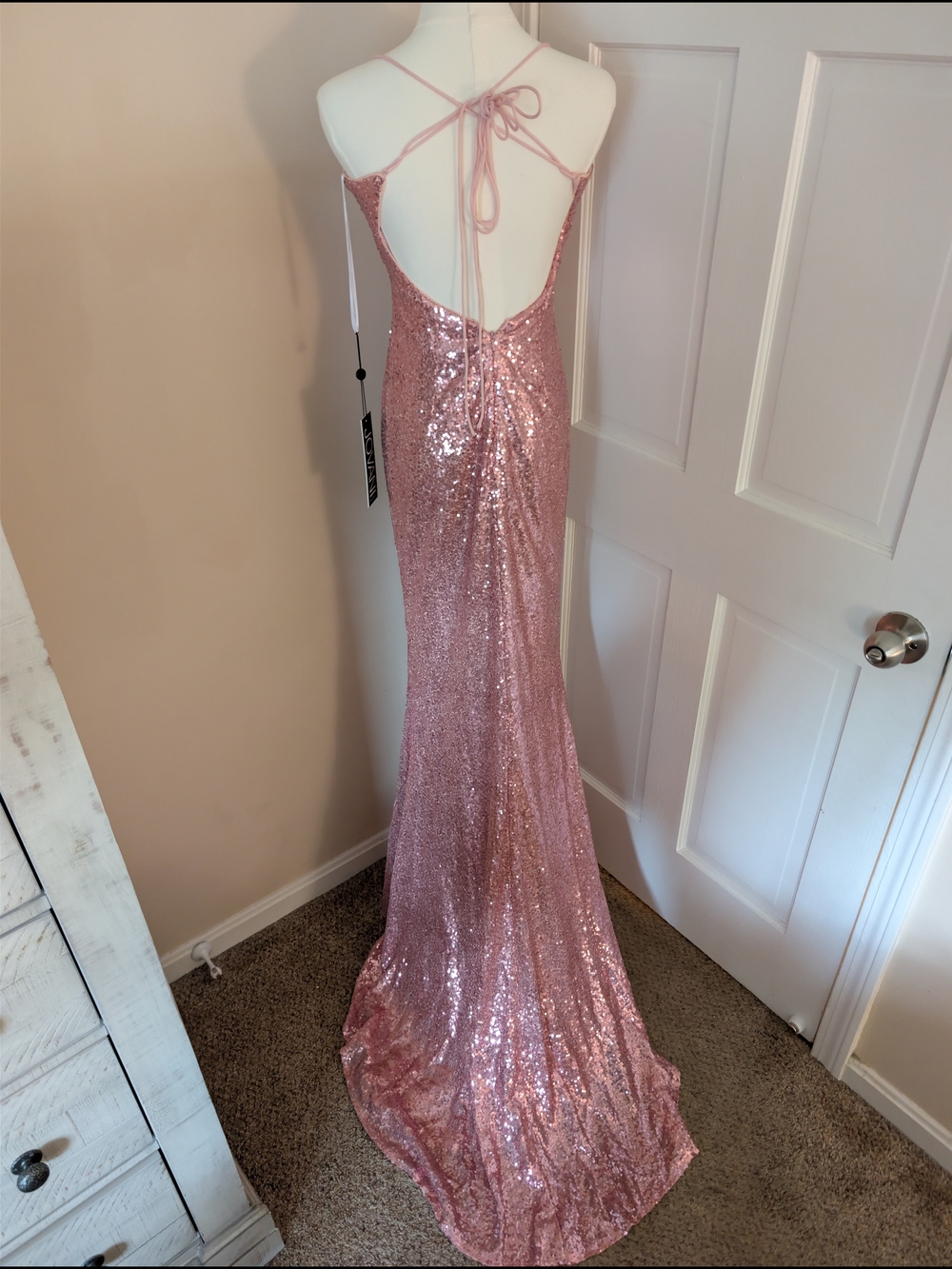 NWT Jovani 40100 Pink Sequin Bow Slit Prom Formal Gown Size 8 - Picture 2 of 7